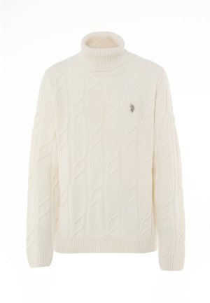 Maglione a collo alto in maglia cable color crema con polsini e orlo a coste, che presenta un piccolo logo ricamato sul petto.