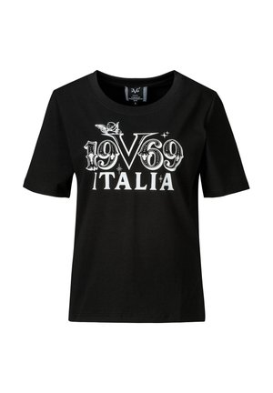 Zwart T-shirt met korte mouwen met witte tekst "19V69 ITALIA" en een kleine gevleugelde cherub boven het nummer 9 op de borst.
