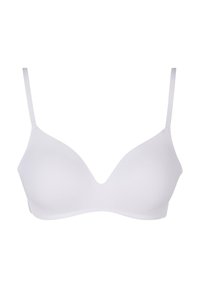 White seamless bra with adjustable straps and a plunging neckline. Made of smooth fabric; no visible hardware or patterns.