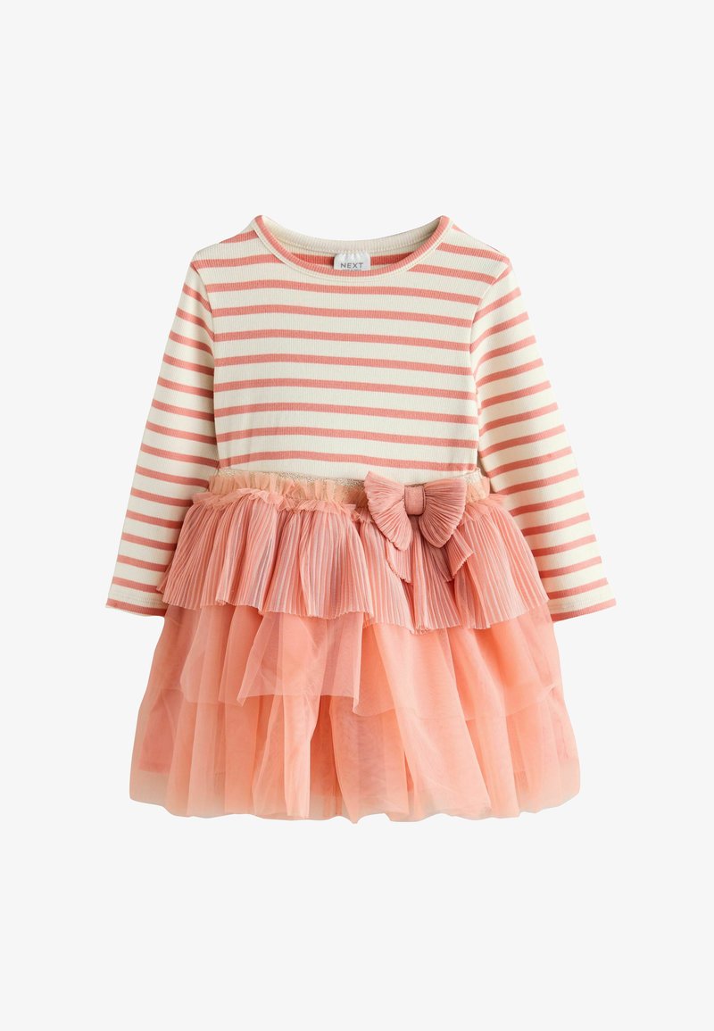 Robe pour tout-petit à manches longues rayée crème et rose avec jupe en tulle rose à plusieurs couches et nœud décoratif à la taille.