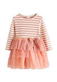 Abito a maniche lunghe a righe in crema e corallo, con gonna in tulle a strati, dettagli arricciati e un fiocco accentuato in vita.