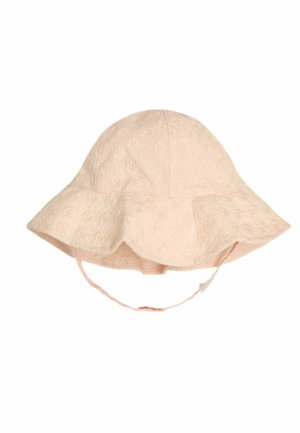 Svetlo roza platneni sončni klobuk z nežnim cvetličnim vezenjem, širokim nazobčanim robom in tankimi paščki za pod brado za varen oprijem.