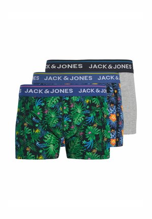 Három férfi boxeralsó „JACK & JONES” derékrésszel; elülső pár zöld trópusi levelekkel, középső kék virágmintával, hátul egyszínű szürke.