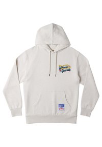 Light gray hooded sweatshirt made of soft material, featuring a front kangaroo pocket and colorful "DC Shoes Company" logo on the chest.