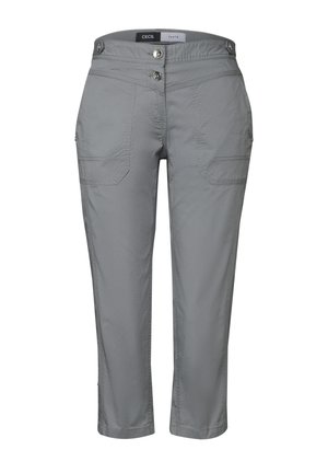 Grijze capri-broek gemaakt van lichtgewicht stof, met twee zijzakken, een tailleband met twee knopen en een getailleerde pasvorm.