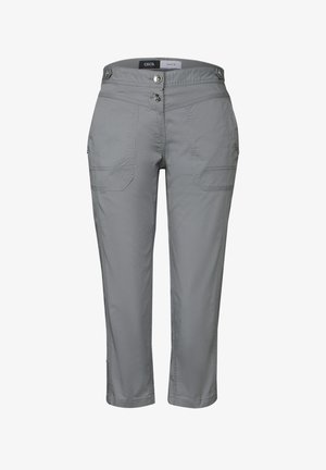 Pantalons capri gris en tissu léger, dotés de deux poches avant, d'une taille avec deux boutons et d'une coupe ajustée.