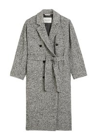 Grijze double-breasted jas gemaakt van textiel met structuur, met een strikceintuur, twee knopen en een kraag. Lange mouwen en een lengte tot de knie.