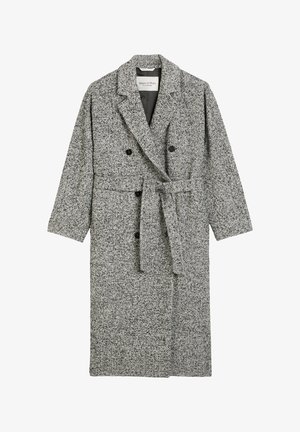 Grijze double-breasted jas gemaakt van textiel met structuur, met een strikceintuur, twee knopen en een kraag. Lange mouwen en een lengte tot de knie.