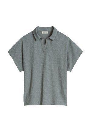 Gray short-sleeve polo shirt with a slight v-neck opening and soft fabric texture, displayed against a white background.