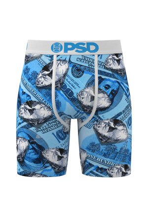 Blue boxer briefs featuring a dollar bill and diamond print, with a white waistband and blue logo. 95% cotton, 5% spandex blend.