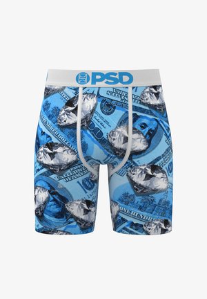 Blue boxer briefs featuring a dollar bill and diamond print, with a white waistband and blue logo. 95% cotton, 5% spandex blend.