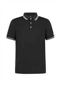 Camisa polo negra hecha de tela suave. Presenta un cuello con rayas blancas y tres botones en la parte delantera. Mangas cortas con acentos a juego.