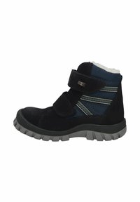 Kinder-Winterstiefel in Schwarz und Marineblau mit grauer Sohle, zwei Klettverschlüssen, gestreiftem Seitendetail und weißem Fleecefutter.