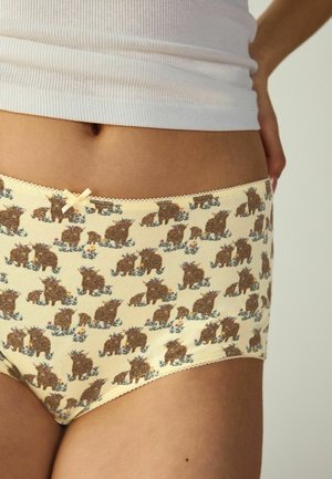 Svetložlté nohavičky s vysokým pásom s motívom hnedých medveďov nosiacich kvetinové vence a malou mašličkou na pásiku.