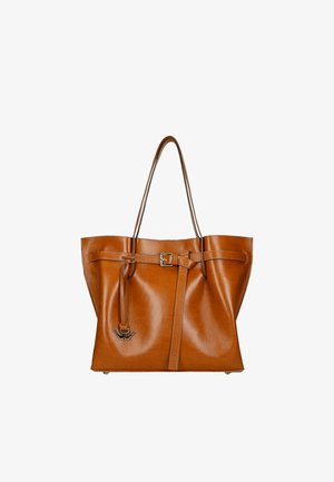 Borsa a spalla in pelle marrone con un design strutturato, caratterizzata da una chiusura frontale con fibbia e hardware metallico. Texture morbida e interno spazioso.