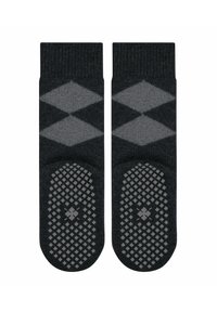 Schwarz und grau gemusterte Socken mit einem Diamantdesign. Verfügt über einen strukturierten Halt an der Sohle und einen gerippten Saum. Weiche Stoffkonstruktion.