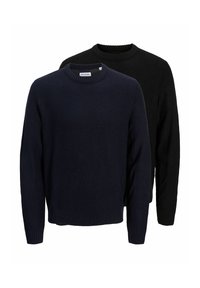 Dos suéteres de punto acanalado en navy y negro. Cuello redondo, manga larga, corte relajado. El material parece suave y texturizado, sin logotipos visibles.
