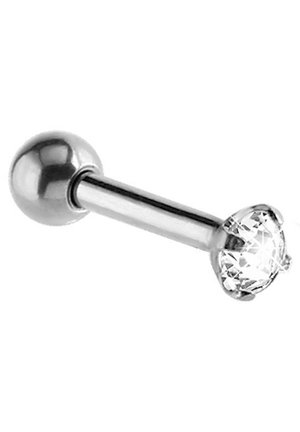 Silberner Barbell-Piercing mit einem runden, klaren Edelstein an einem Ende und einer schlichten silbernen Kugel am anderen Ende.