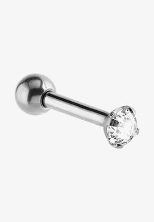Piercing barre en argent avec une pierre précieuse ronde transparente à une extrémité et une boule en argent lisse à l'autre extrémité.