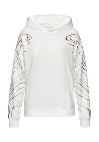 Weißer Hoodie mit goldenen abstrakten Liniendesigns an den Ärmeln. Verfügt über eine große Kängurutasche an der Vorderseite und eine Kapuze mit Kordelzug. Weicher Stoff.