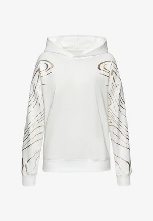 White hoodie with gold abstract line designs on the sleeves. Features a front kangaroo pocket and a drawstring hood. Soft texture.