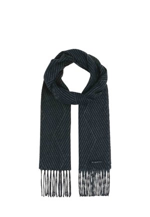 Dark blue scarf with diagonal striped pattern and fringed ends, folded in a loop with a small "bugatti" label near one end.