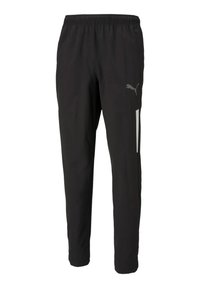 Schwarze Sporthose mit elastischem Bund, schmal zulaufenden Beinen, Seitentaschen und grauem Logoakzent am linken Oberschenkel. Leichtes Material.