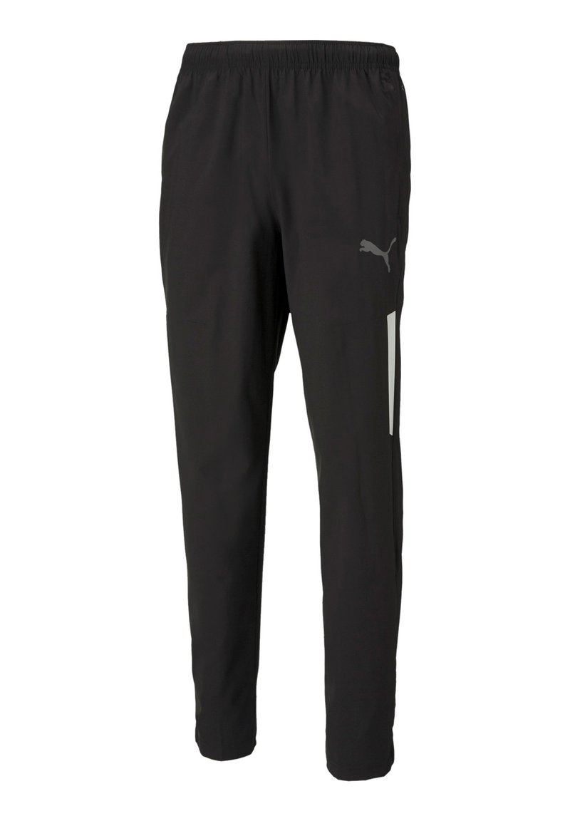 Schwarze Sporthose mit elastischem Bund, schmal zulaufenden Beinen, Seitentaschen und grauem Logoakzent am linken Oberschenkel. Leichtes Material.