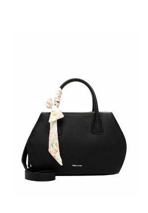 Sac à main noir texturé avec des poignées arrondies, une bandoulière amovible, et un foulard léger à motif floral attaché à une poignée, sur un fond blanc.