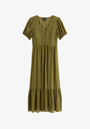 Olijfgroene jurk van textuurstof, met een diepe V-hals, korte pofmouwen en knopen aan de voorkant, met een gelaagde rok.