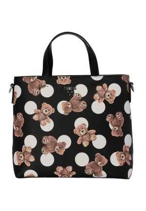 Borsa tote nera con pois bianchi e stampe sparse di orsetti marroni, con due manici neri e un piccolo logo al centro.