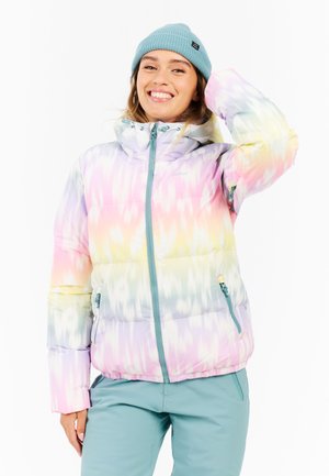 Kleurrijke pufferjack in pastelkleuren, met een ritssluiting aan de voorkant, verstelbare capuchon en zijzakken met contrasterende ritsen. Zachte textuur.