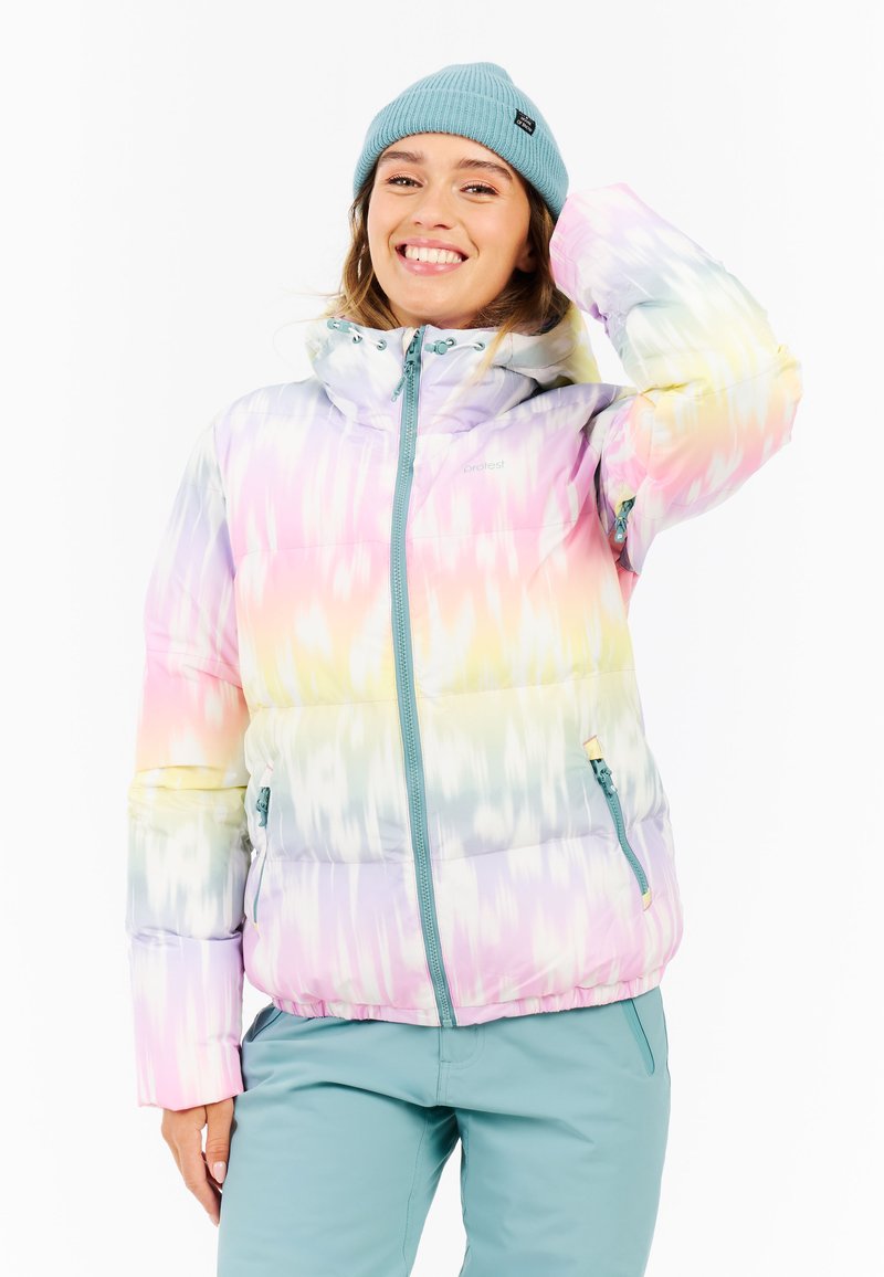 Farbenfrohe Puffjacke in Pastelltönen mit einem Reißverschluss vorne, verstellbare Kapuze und seitlichen Taschen mit kontrastierenden Reißverschlüssen. Weiche Textur.