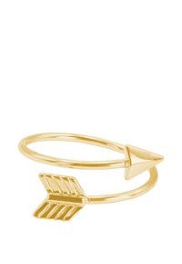 Anello dorato caratterizzato da una fascia liscia con un design a forma di freccia, comprendente un'estremità appuntita e un'accenno di piuma sul lato opposto.