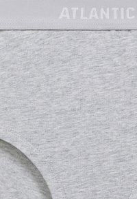 Szare bawełniane majtki o gładkiej fakturze, z miękkim elastycznym pasem w białym kolorze z napisem „ATLANTIC”. Okrągłe otwory na nogi.