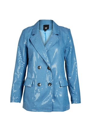 Plavi dvoredni sako s uzorkom sjajnih kvadrata, reverom, kopčanjem na dugmad i džepovima s klapnama, prikazan na bijeloj pozadini.