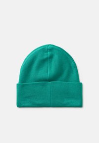 Green knit beanie hat with a rounded top and a folded cuff, made of soft fabric, featuring a smooth texture and even stitching.