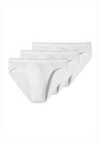 Weiße Baumwollunterhosen präsentiert in einem Dreierpack. Sie haben eine glatte Textur, einen klassischen Schnitt mit elastischem Bund und minimale Nähte.