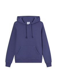 Sudadera de algodón morada con bolsillo frontal, cordones ajustables y un logo en el pecho. Textura suave, ajuste estándar.