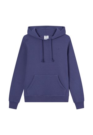 Sudadera de algodón morada con bolsillo frontal, cordones ajustables y un logo en el pecho. Textura suave, ajuste estándar.