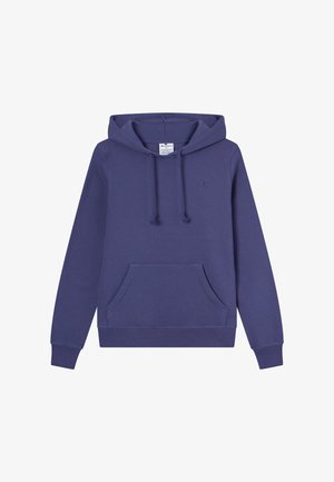 Paarse katoenen hoodie met een voorzak, verstelbare koorden en een logo op de borst. Zachte textuur, normale pasvorm.