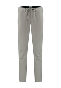 Lichtgrijze, stretchstofbroek met een platte voorkant, elastische tailleband met trekkoord en taps toelopende pijpen. Bevat een subtiele textuur en een knoopsluiting.