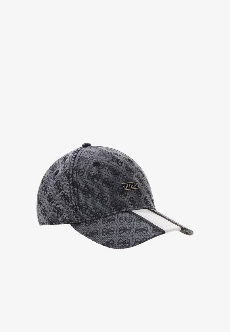 Casquette de baseball grise avec motif ton sur ton "G", logo noir de marque à l'avant, et bande blanche sur la visière. Couronne structurée avec visière incurvée.