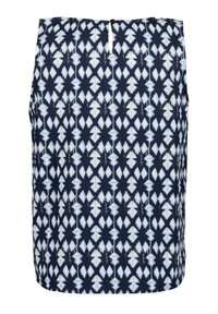Top senza maniche blu navy con un motivo geometrico bianco, realizzato in tessuto liscio con una leggera lucentezza. Dettaglio a chiave sul retro.