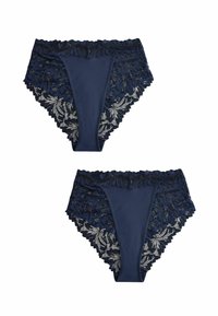 Chiloți bleumarin cu dantelă florală, având un front neted și detalii intricate din dantelă pe laterale. Material moale și elastic.