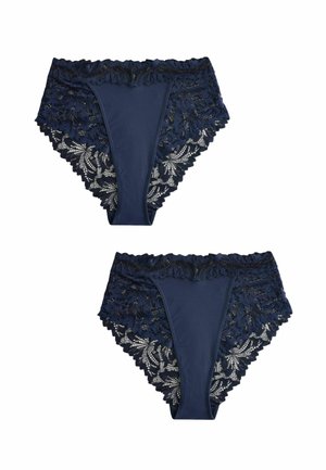 Chiloți bleumarin cu dantelă florală, având un front neted și detalii intricate din dantelă pe laterale. Material moale și elastic.