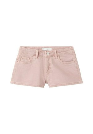 Shorts en jean rose clair avec bouton frontal, fermeture éclair, passants de ceinture et design à cinq poches, posés à plat sur un fond blanc.
