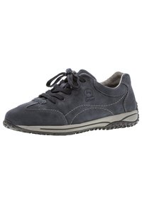 Navy suede shoe with rounded toe, lace closure, contrasting gray stitching, and textured rubber sole. Side logo visible.