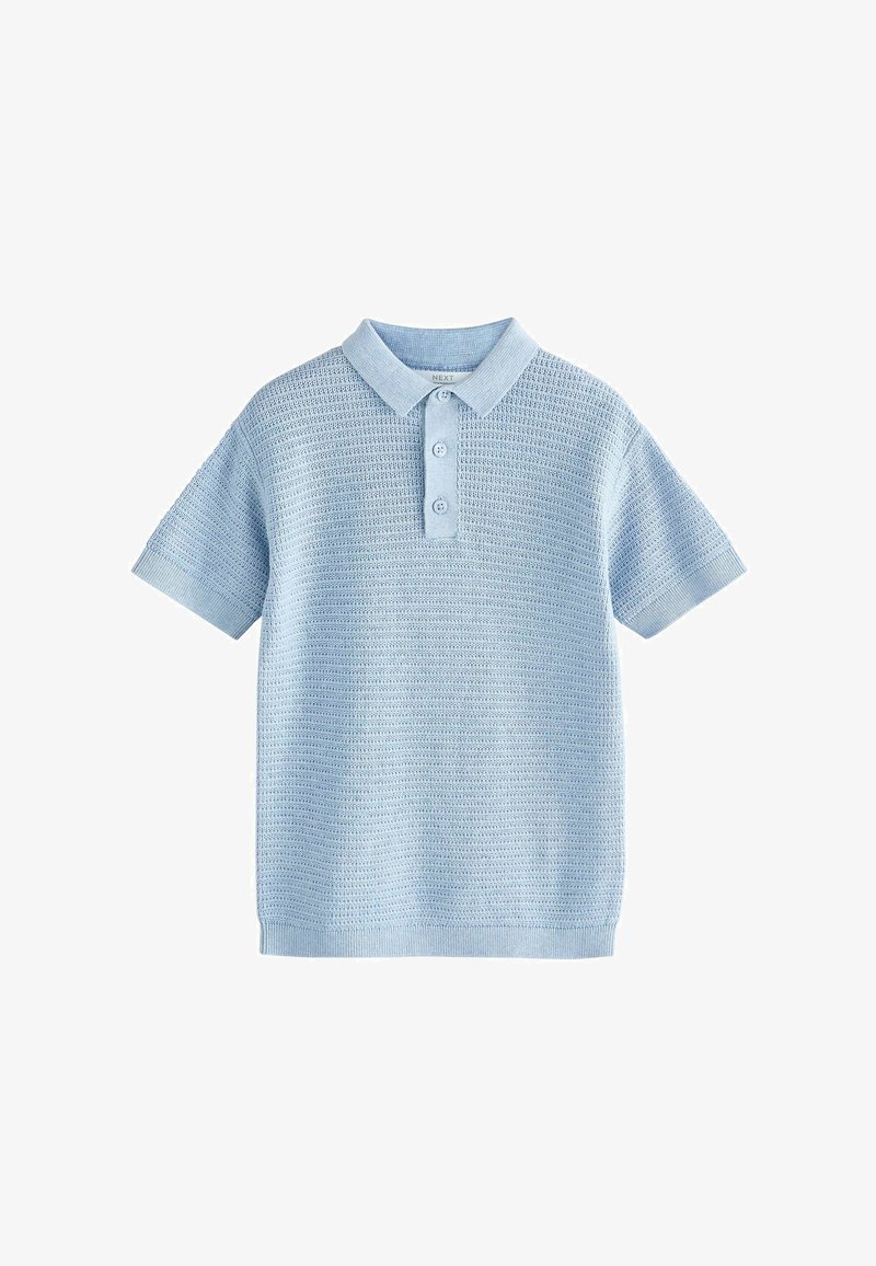 Light blue short-sleeve knit polo shirt with textured pattern and three front buttons on placket against white background.