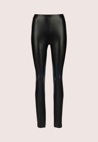 Hoge taille zwarte faux leren leggings met een gladde, glanzende textuur, een aansluitend ontwerp en geen zichtbare naden of hardwaredetails.